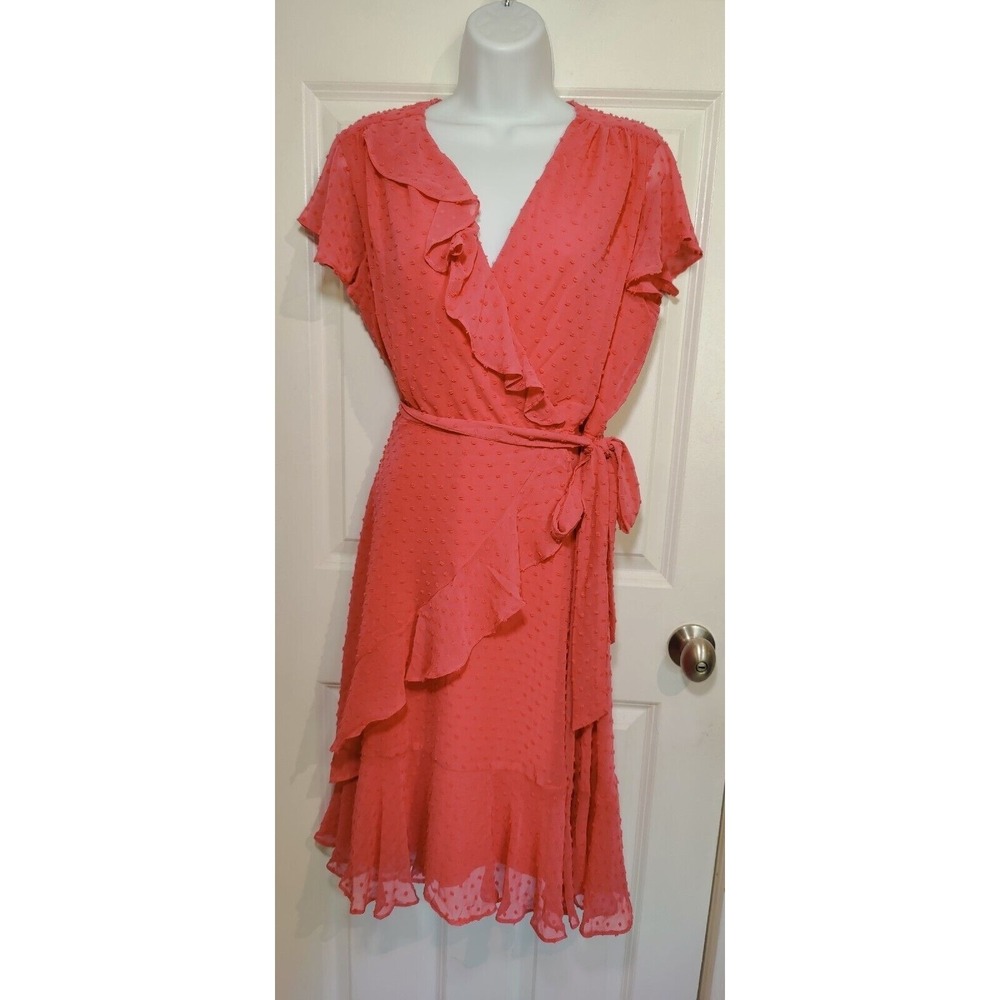 Danny & Nicole Coral Swiss Dot Ruffle Hem Waist Tie Midi Dress 10 NWT